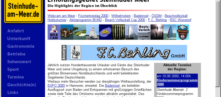 Dieser Screenshot ist ein schönes Zeitdokument und zeigt, wie Informationsvermittlung und Webdesign vor 25 Jahren aussahen – reduziert, aber mit viel Herz für die Region.